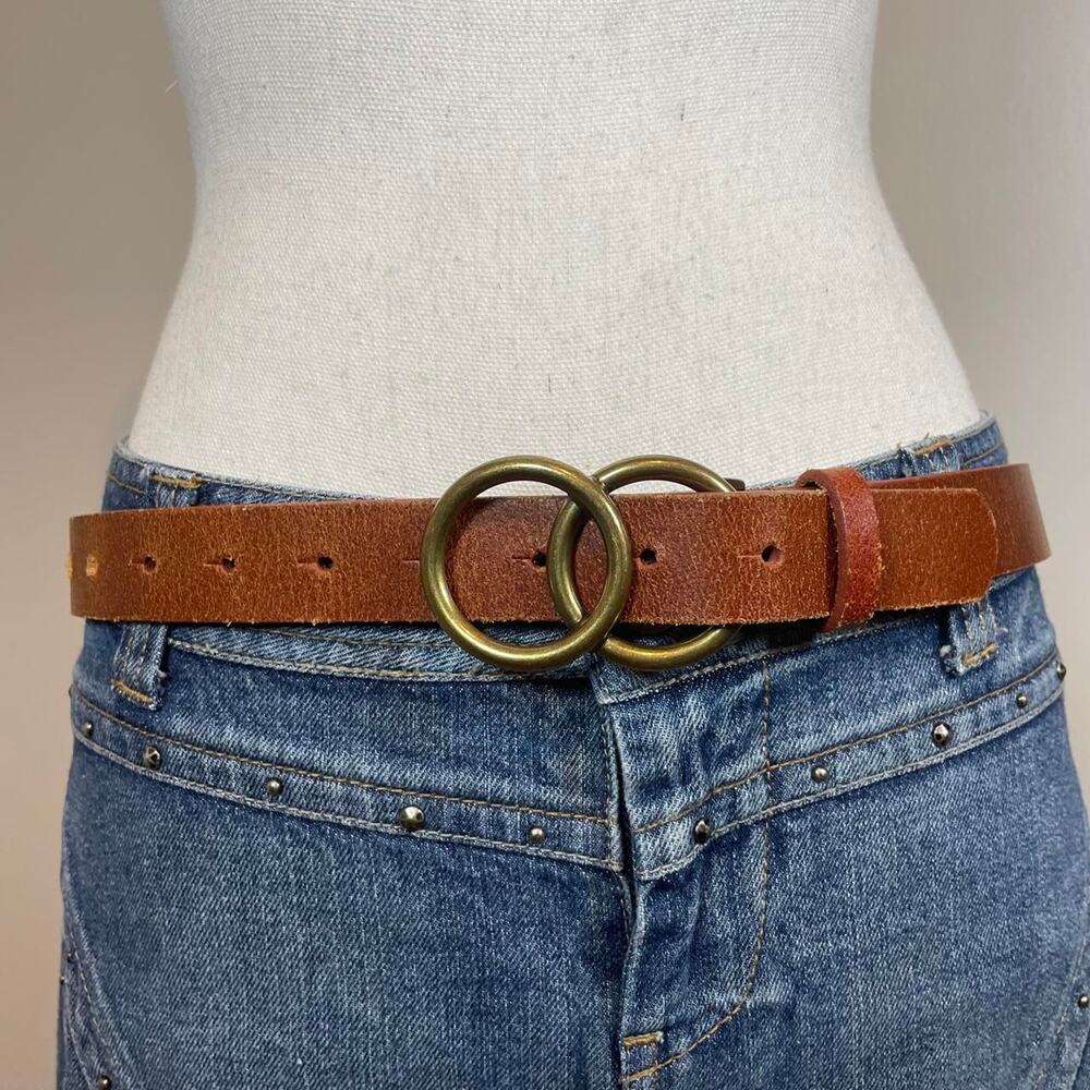 Brown Genuine Leather Medium Belt with double circle buckle detail